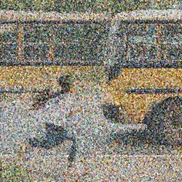 a brother and sister running to catch up to the school bus that they missed. By Jason Felix. Phuoc Quan