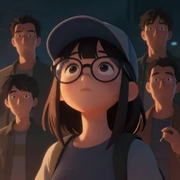 a cute girl wearing glasses and a cap, looking to the sky, cinematic lighting, dramatic atmosphere, artwork by dustin nguyen, akihiko yoshida, greg tocchini, greg rutkowski, cliff chiang, 4 k resolution, trending on artstation, octane render