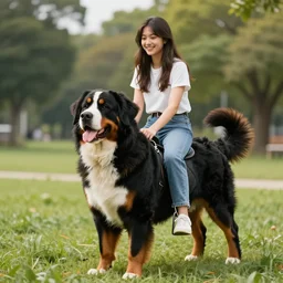 girl riding giant Bernese Mountain Dog in the park, trending on artstation