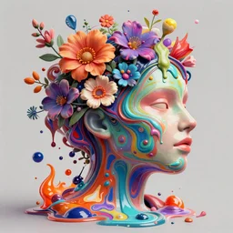 illustration of a colorful melting human head. flowers and blossoms, ferrofluids, burning water distortions. intricate abstract. intricate artwork. dan mumford. octane render, trending on artstation