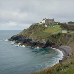 nature, shoreline, water, sea, ocean, outdoors, land promontory, scenery, landscape, coast, art, painting, weather, housing, building, architecture, cottage, house, cliff, castle