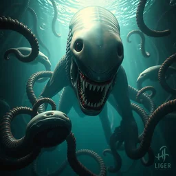 underwater xenomorph alien mixed with sharks extra teeth, tentacles, labyrinth, highly detailed, digital painting, artstation, concept art, smooth, sharp focus, illustration, unreal engine 5, 8 k, art by artgerm and greg rutkowski and alphonse mucha and ifbb pro fitness photograph, giger