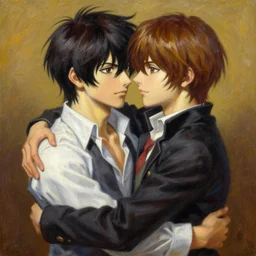 an oil painting of [ nagito komaeda and hajime hinata from danganronpa ], painted by [ pierre auguste cot ], very romantic, beautiful textures, dynamic lighting, couples painting, warm embrace, two japanese young men, [ realistic and detailed ]