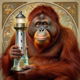 portrait of red orangutan as nuar detective holding lighthouse as magnificent glass, intricate, elegant, highly detailed, my rendition, digital painting, artstation, concept art, smooth, sharp focus, illustration, art by artgerm and greg rutkowski and alphonse mucha and uang guangjian and gil elvgren and sachin teng, symmetry!!