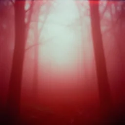 dead evil, in the misty wood, pale light, pinhole camera effect, lomography effect, analogue photo quality, red, blur, unfocus, red bright filter, scratches