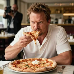 a paparazzi photo of Chris Pratt, he is eating bad pizza in an upscale restaurant and he is angry about it.