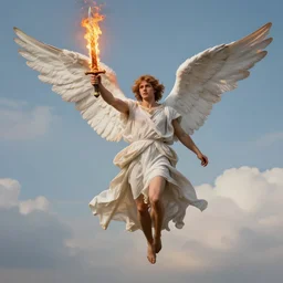 propaganda piece featuring an angel holding a flaming sword, flying in the sky, health, strength, confidence, hyper - realistic