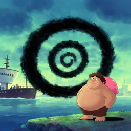 chubby spiral shape cartoon concept art, ship port, from lorax movie, black blue green, spiral clouds, sam and max