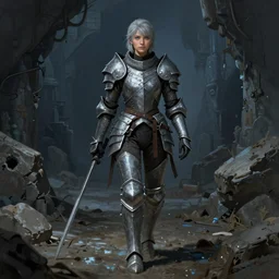 full body character portrait of a female grey warden from dragon age walking through muddy underground dwarven ruins wearing grey warden armor, dragon age concept art, dragon age concept art, blue and grey color scheme, illustration, digital painting, matte painting, realistic lighting, with a realistically proportioned face, glowing eyes, photorealistic eyes, good value control, realistic shading, realistic face details
