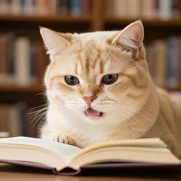 portrait photography of an intellectual blonde cat studying in a library, hissing, reading, concentrated reading a book, plane lighting, studio lighting, wearing cute accessories, face shot, highly detailed fur, trending on pinterest.