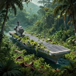 the aircraft carrier USS Nimitz overgrown with vegetation rotting on the ground of a tropical forest, post appocalyptic, by Luis Royo, by Greg Rutkowski, dark, gritty, intricate, cover illustration, concept art, volumetric lighting, volumetric atmosphere, sharp focus, octane render, trending on artstation, 8k