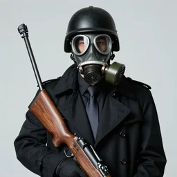 person with black padded helmet and a jin roh gas mask, black trenchcoat, black office shirt, a tie, a wooden sniper rifle, portrait, by yoji shinkawa