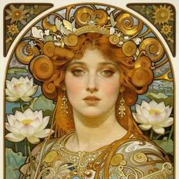 realistic detailed face portrait of a beautiful young queen of lotus flowers in a water garden by Alphonse Mucha, Greg Hildebrandt, and Mark Brooks, gilded details, spirals, Neo-Gothic, gothic, Art Nouveau, ornate medieval religious icon