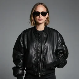 detailed attractive characther portrait of natalie portman wearing oversized leather puffy black bomber jacket and waring sunglasses, realistic, wide angle, dramatic light 8 k