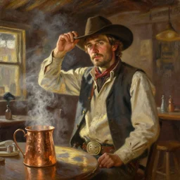oil painting of cowboy dream at saloon setting, art by anders zorn, wonderful masterpiece by greg rutkowski, beautiful cinematic light, american romanticism by greg manchess, reflections in copper, sunlight, dust and steam