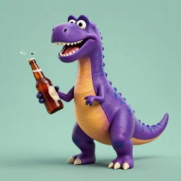 barney the dinosaur holding a broken beer bottle, absurdist, digital art