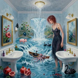 tall female emo artist in her flooded bathroom, water gushing from ceiling, painting of flood waters inside an artist's bathroom, a river flooding indoors, pomegranates, pigs, ikebana, zen, water, octopus, river, rapids, waterfall, black swans, canoe, berries, acrylic on canvas, surrealist, by magritte and monet
