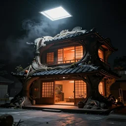 photo of the exterior of a futuristic organic japanese house, dramatic lighting, smoke, ceiling fluorescent lighting, black and orange colour palette