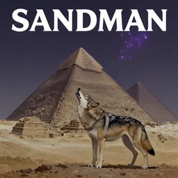 a dire wolf howls in the moonlight near the pyramid of giza in the sky 2 3 twinkling purple stars on the cover of a vintage sandman graphic novel by dave mckean and james jean, muted colours, dreary atmosphere