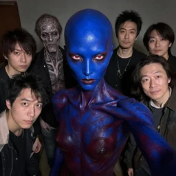 a dark crimson cobalt blue humanoid, hyper detailed, in the style of wlop and junji ito and and h. r. giger and junji ito and greg rutkowski and wlop and ruan jia and uon, selfie