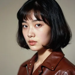 ektachrome, 3 5 mm, highly detailed : incredibly realistic, youthful asian demure, exquisite features, feminine cut, beautiful three point perspective extreme closeup 3 / 4 portrait photo in chiaroscuro style 1 9 7 0 s frontiers in flight leather suit cosplay fashion, nick night