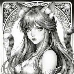 picture of paladin girl with cat ears and cat tail, dnd, high fantasy, highly detailed, detailed face, grayscale monochromatic, manga illustration, by artgerm, greg rutkowski, alphonse mucha