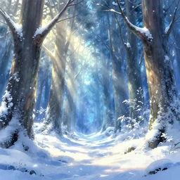 high quality illustration of an enchanted magical winter forest::day time, sunshine, glowing snow, amazing mood::art by Daisuke Tsutsumi and Ghibli Studio, artstation art