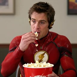 ezra miller as flash eating popcorn, very realistic, trendin on artstation