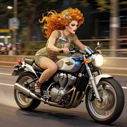 a photography of a drag queen, speeding on motorcycle, artwork by jeremy mann and alphonse mucha, intricate detail, photo realistic, high detail, night street, night time, digital painting, artstation, concept art, unreal engine render