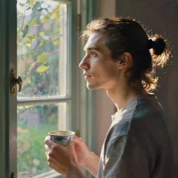 it's morning in the house. a young man with ponytail hairstyle is looking outside the window while holding a cup in his left hand. sunlight is beautifully lighting the face. depth of field, pleinairism, in the sun, backlit, closeup, oil on canvas, atr by monet, in the style of le promenade, smooth, impressionnisme, 8 k