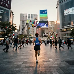 sprinter running towards a swarm of zombies in a deserted shibuya square during sunset