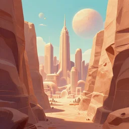 a beautiful illustration of a retro futuristic city of carved into canyon walls on another world by Ralph McQuarrie| sparth:.2 | Time white:.4 | Rodney Mathews:.2 | Graphic Novel, Visual Novel, Colored Pencil, Comic Book:.2