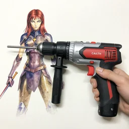 hammer drill, colorful watercolor. by rembrant, battle angel alita, ralph mcquarrie, aluminum, 1 6 6 7