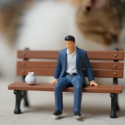 macro photography of a tiny plastic depressed man in a suit, sitting on a bench with his cat, 3 5 mm macro shot,