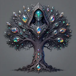 stunning tree of life, award winning matte concept art, intricate linework, precious ornate hooded cybernetic emissive gothic colorful dark colorful, clear focus, iridescent baroque crystals, glowing, futuristic, detailed realistic, raytracing colorful gems, black opal, magical colorful, realistic character art, wlop, chebokha, rutkowski, artgerm