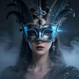 centered portrait of a beautiful woman wearing a venetian mask, intricate concept art, ethereal, highly detailed, artstation, smooth, mist, cinematic, dramatic lighting, bloom, darksynth, illuminated blue lines, outrun, vaporware, 8 k, by ruan jia and ilya kuvshinov and liam wong and alphonse mucha
