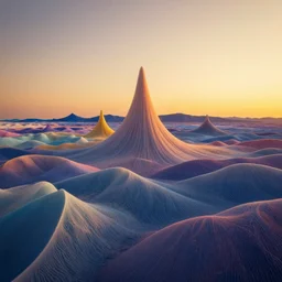 psychedelic landscape, sound waves, subtle colors, ultra realistic, sharp image, 8 k, golden hour