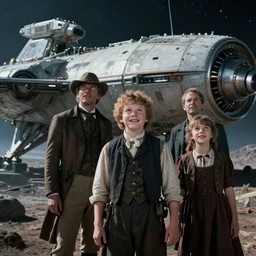 sharp, highly detailed, film from a blockbuster sci fi 8 k color movie, set in 1 8 6 0, family standing in front of a crashed spaceship, on a alien planet, looking happy, wearing 1 8 5 0 s era clothes, atmospheric lighting, in focus, reflective eyes, 3 5 mm macro lens, live action, nice composition, good photography, sharp sharp sharp