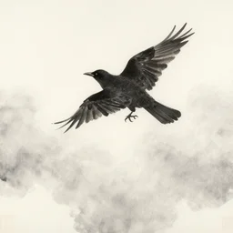 ink wash painting of a black bird in the sky
