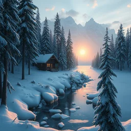 snowy cozy mountain lodge by a small frozen lake in a forrest in canadian mountains in the evening sun, iceicles, by philippe gare, artstation, greg rutkowski