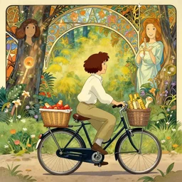 hoffman bicycle trip, blotter art, in the style of robert crumb and lisa frank, studio ghibli, mucha, art nouveau, art deco, beautiful nature, serenity, cartoon, realistic, photograph, trending on artstation, vivid, surreal, beautiful, loving athmosphere, summer of love, smiling faces, tasty, smelling good, good vibrations