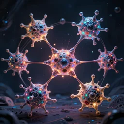 quantum connections represented as symbiotic organisms like cells playing around with colorful lights by goro fujita, abstract, concept art