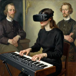 woman wearing vr - brain - interface plays a modular synthesizer. painted by francis bacon, hieronymus bosch, giuseppe arcimboldo, albrecht durer, eric lacombe.