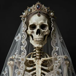 portrait of a Bride's skeleton in veil with floral pattern by Laurie Lipton, high detailed, realistic,dark surrealism, hyper detailed, super intricate ornaments