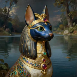 Baroque painting of Bastet in a lake, inspired by Gustav Moreau and Wayne Barlowe, exquisite detail, hyper realism, ornate, exquisite detail, cute face
