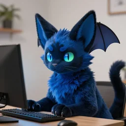 a blue - and - black male catbat fursona with blue / green heterochromatic eyes and huge bat ears, photo of the catbat streaming on his computer