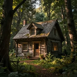 a cottage in the woods, 8k, fantasy, hyper realistic, dramatic lighting, cinematic