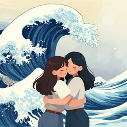 two girls hugging in front of a gigantic tsunami wave, artstation deviantart