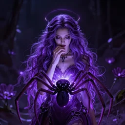 Purple hair female, breton, heroine, spider goddess in glowing purple flowers, awe, eerily lit, vibrant dark colors, photorealistic, concept art, cinematic, 20mm camera, corona render, rule of thirds, hyper detailed , octane , 8k