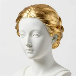 full head and shoulders, beautiful female porcelain sculpture by daniel arsham and james jean, smooth, all white features on a white background, real reflective hair made from solid gold twisted on top of head, delicate facial features, white eyes, white lashes
